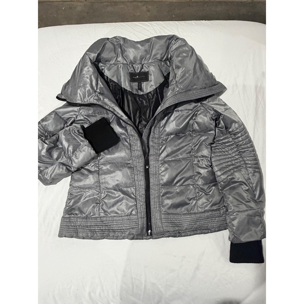 BCBGMAXAZRIA Silver Metallic Puffer Jacket Oversized Collar Grey Large
